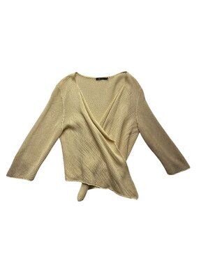 NIC + Zoe Silk Cotton Open Knit Cropped Tie Cardigan Butter Yellow Size Large